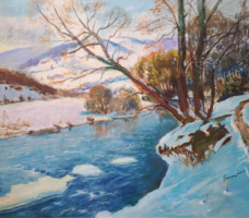 József Garanyi (1921-2009): winter landscape, pastel - Transcarpathian artist, born in Transylvania. And boksay student