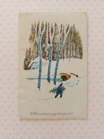 Régi karácsonyi képeslap 1964 rajzos levelezőlap havas erdő