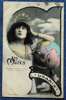 Antik francia  fotó képeslap  Uránia a csillagászat múzsja  hölgy a földgömbbel