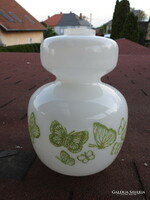 Milk glass cover with green butterfly pattern