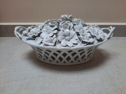 Nagy Fehér Herendi áttört porcelán virágkosár, asztalközép