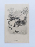 Régi képeslap művészeti levelezőlap szerelmespár mókusok