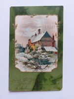 Régi újévi dombornyomott képeslap levelezőlap havas táj