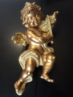 Nagy méretű arany színű hegedülő  Angyalka falidísz, 28 cm