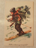 Régi karácsonyi képeslap 1959 fenyőfa síelő rajzos levelezőlap