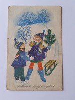 Régi karácsonyi képeslap 1968 szánkózó gyerekek rajzos levelezőlap