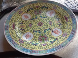 Hand painted famille jaune-yellow plate with longevity pattern