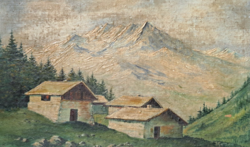 Matzon jelzéssel: Alpesi tájkép házikókkal - jelzett (35×25 cm) olaj, karton