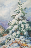Gyönyörű téli tájkép - aquarell (kerettel 41x29 cm) karácsony, fenyőfa, hó, havas táj