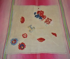 Hand-stitched, azure colored old folk woven linen kitchen towel, decorative towel 63 x 57 cm