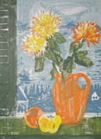 Rác András (1926-2013): Kilátás (színes linómetszet, teljes méret 61x43 cm)