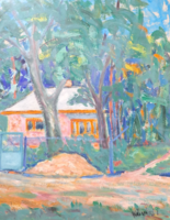 Kővári jelzéssel: Erdei ház (kerettel 47×38 cm) utcakép, olaj