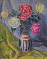 Kálmánfi János (1921-2006) Rózsás csendélet (olaj, kerettel 60x50 cm) virágok