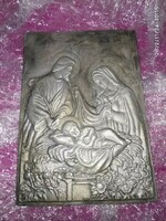 Szent család fém hatású relief, gipsz plakett, domború falidísz, dombormű
