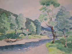 Fák a folyó mentén - hangulatos tájkép 1939-ből (41x34 cm aquarell)