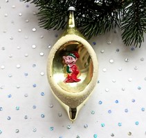 Régi diorámás üveg törpés karácsonyfa dísz 12cm