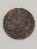 Olaszország 1867. II. Viktor Emánuel, 10 centesimi, "H" verdejellel