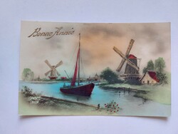 Old postcard postcard landscape mill ship
