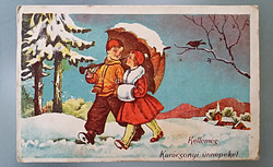 Régi karácsonyi képeslap rajzos levelezőlap 1940 séta a hóban