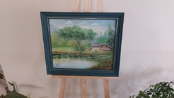 (K) beautiful landscape painting with waterfront cottage painting with frame 54x47 cm