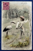 Antik A&M B  grafikus üdvözlő litho képeslap angyalka gólyával