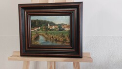 (K) Szép tájkép festmény kis faluval 38x32 cm kerettel