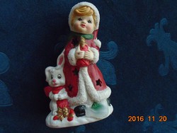 Kézzel festett Télapó sapkás kislány gyertyával és kutyával Karácsonyi biszkvit porcelán mécsestartó