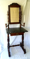Antique pewter marble-top dressing table with candle holder and matching round tapestry chair