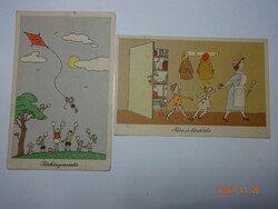 Két régi, humoros képeslap együtt Réber László rajzaival: Sárkányeresztés + Bűn és bűnhődés