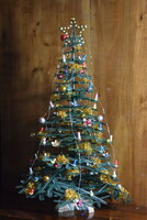 Old retro Christmas tree decorated with mini ornaments mini artificial pine 41 x 26 cm