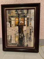 With umbrella in the rain, oil-wood 50x40 frame