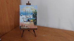 (K) Pici festmény kikötő 11X16 cm kerettel kis festőállvánnyal