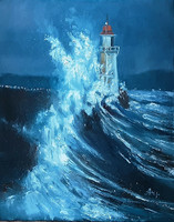 Antyipina Galina: Világítótorony, olajfestmény, vászon, festőkés. 50x40cm