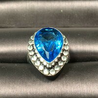 Statement mutatós ezüst gyűrű kék kővel 8-as méret (18,5 mm átmérő) bohém indiai ezüst gyűrű