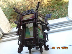 19.sz Kínai Faragott  Lampion Sárkány fejekkel kézzel festett üveg panelekkel tájképekkel