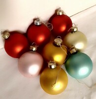 8 Pieces of old retro Czech matte silk shiny glass sphere Christmas tree ornament 7 cm red gold blue pink