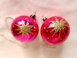 2 Old retro cyclamen pink hand-painted gold star handmade glass sphere Christmas tree ornament 6cm