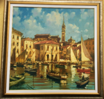 Bánfalvy Ákos " Piran- Istria" Nagyméretű olajfestmény 85,5 x 85,5 cm + keret méretben