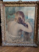 Nice Renoir copy painting of the girl combing her hair