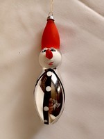 Régi cseh kézzel festett üveg ezüst hóember figura karácsonyfadísz 13 cm ritka piros kalap