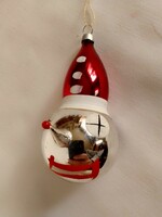 Régi cseh kézzel festett üveg ezüst hóember Mikulás fej karácsonyfadísz 8 cm ritka piros kalap