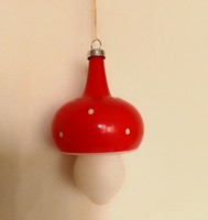Antik üveg fehér pöttyös piros kézzel festett gomba galóca formájú karácsonyfa dísz 8,5 cm