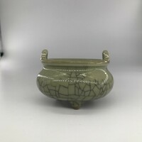Old Chinese Rare Cracked Green Celadon Glazed Porcelain Tripod Incense Holder China