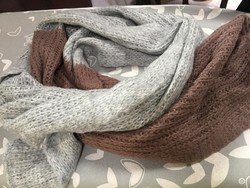 Two-color, hand-knitted large scarf, gray-brown