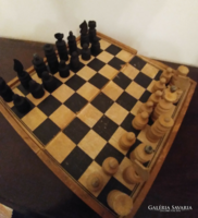 Antik fa sakk,  eredeti fa sakktábla dobozában