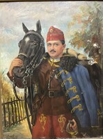 Lajos Pogány (1873-1941): Hungarian hussar with his horse