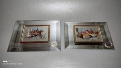 Metszett tükörre applikált aranyozott lapon miniatűr festett kép darabáron
