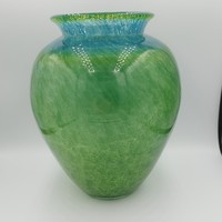 Ritka gyűjtői Karcagi Fátyolüveg váza zöld, kék színű
