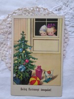 Régi grafikus, karácsonyi képeslap/üdvözlőlap gyerekek, karácsonyfa 1932