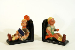 Hops ceramic bookend pair of reading girl and trumpeter boy 15x15.5x6.5cm figure with trombone